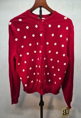 NWT Vintage 80s 90s Red White Polka Dot Cardigan Cotton Sweater Sz 16 Deadstock